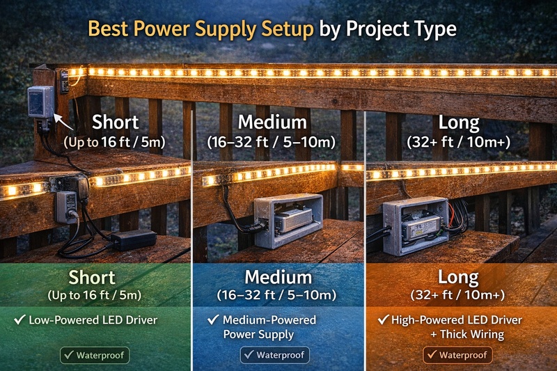 best power supply setup for short medium and long outdoor led strip projects