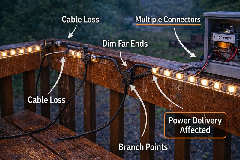 outdoor led strip layout with cable loss connectors and branch points affecting power delivery