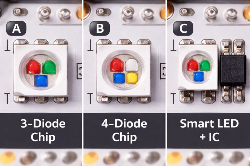 Macro Shot: Close up of three PCB boards. Board A: 3-diode chip. Board B: 4-diode chip. Board C: Chip with a black IC square next to it.