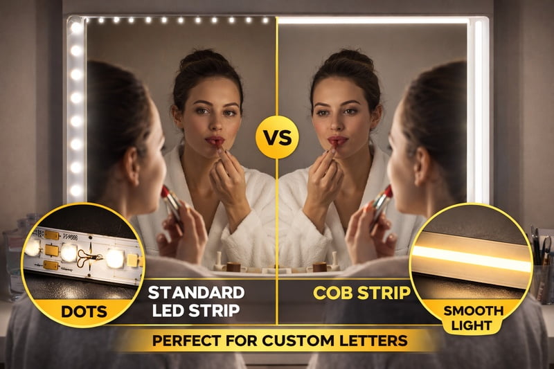 standard led strip dots vs cob strip smooth light on mirror
