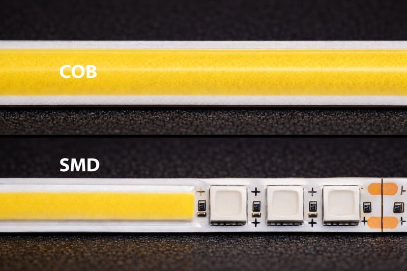 Macro Shot: A close-up of a yellow COB strip (unlit) showing the continuous phosphor line vs an SMD strip showing individual white squares.