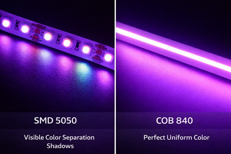Comparison Image: Left side shows an old SMD 5050 strip with visible color separation shadows. Right side shows a COB 840 strip with perfect uniform purple light.