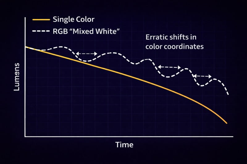 Graph: Lumen degradation over time. Single Color line is a slow, steady decline. RGB 'Mixed White' line shows erratic shifts in color coordinates.
