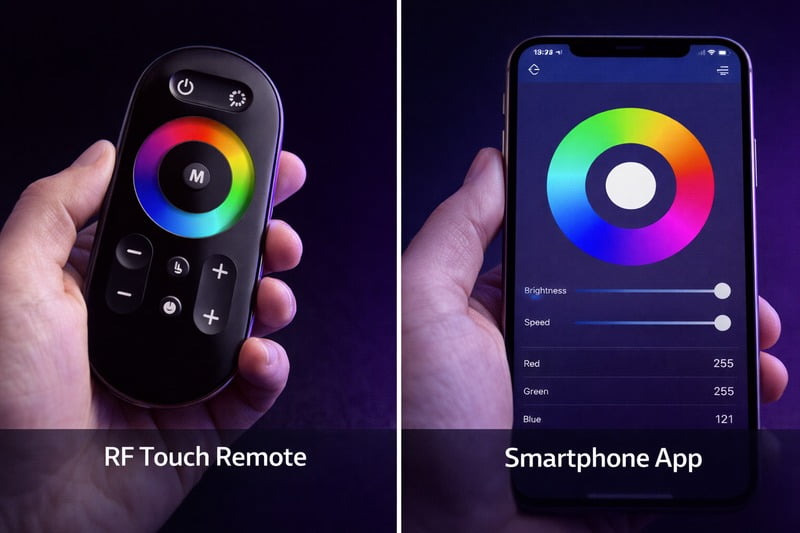 Image: A hand holding a sleek black RF touch remote next to a smartphone app screen showing a color wheel.
