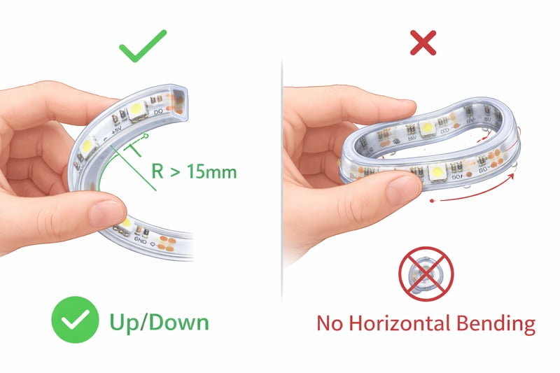 Image: Illustration of a hand bending a strip correctly (up/down) vs incorrectly (sideways), with a 'No Horizontal Bending' warning icon.