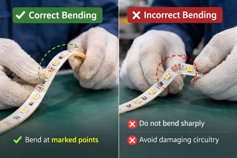 Worker showing correct and incorrect ways to bend a strip