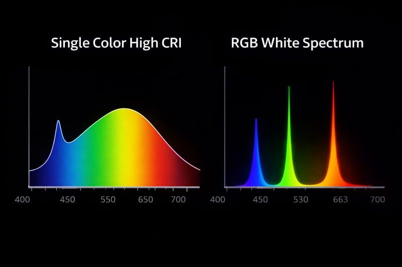 Spectrum Chart: Comparison of a full spectrum Single Color High CRI curve vs the three sharp spikes of an RGB white spectrum.