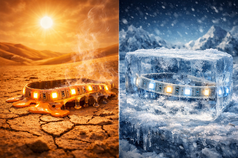 A split screen image showing an LED strip melting in a desert on the left and frozen in a block of ice on the right