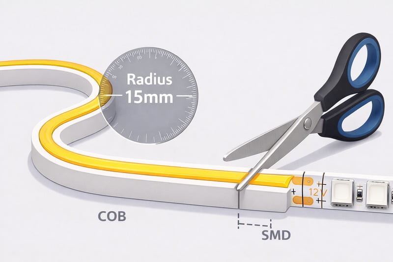 Diagram: Showing a COB strip being bent into a U-shape with a radius ruler showing 15mm, next to a pair of scissors cutting exactly on the line.