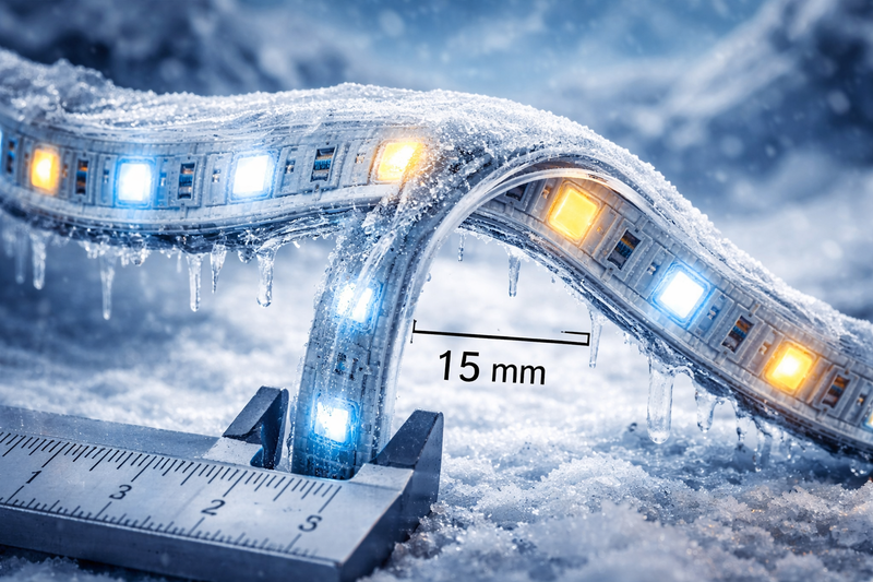 Close up of a frozen LED strip being bent perfectly around a 15mm curve without cracking