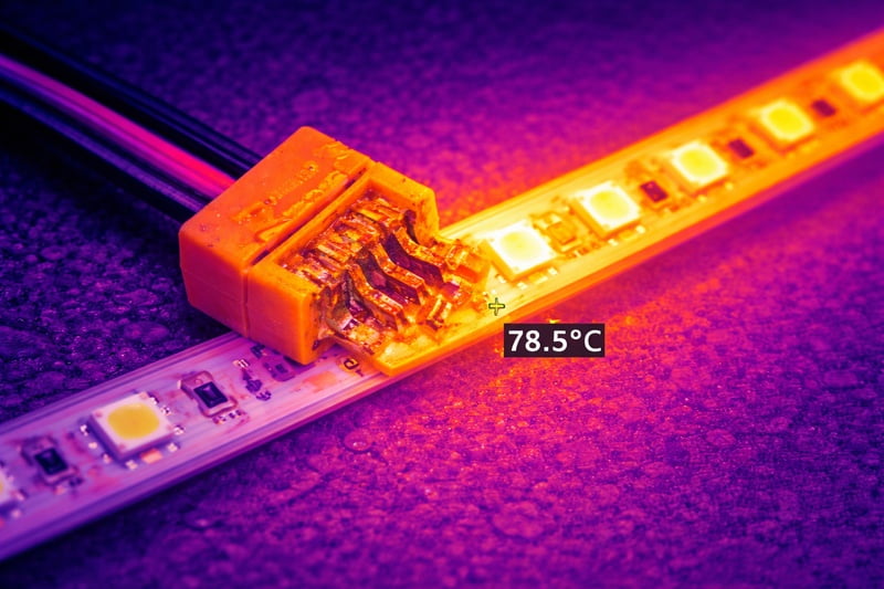 thermal camera showing hot led strip connection