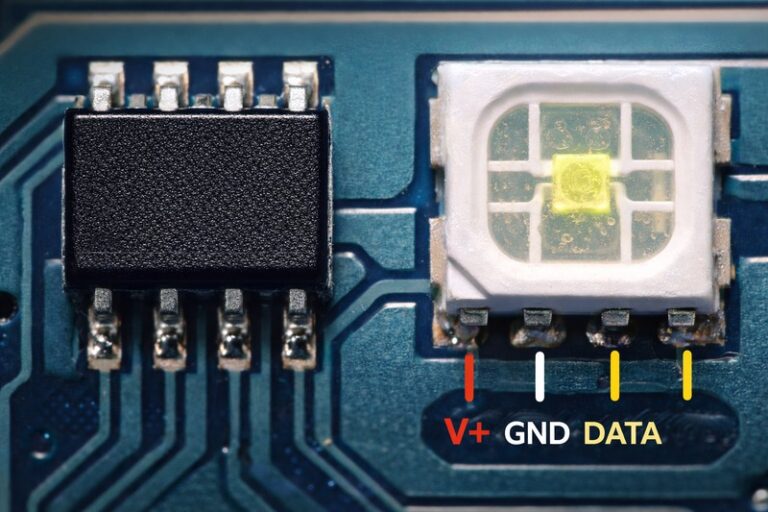 Macro Photo: Close up of a PCB board showing the black square IC chip next to the LED, with labels for V+, GND, and DATA