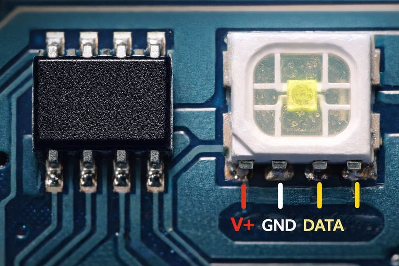 Macro Photo: Close up of a PCB board showing the black square IC chip next to the LED, with labels for V+, GND, and DATA.