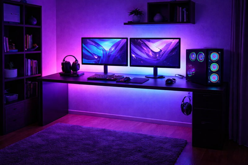 Photo: A gaming room with dynamic purple and blue backlighting behind a desk.