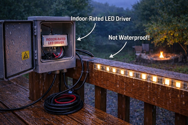 indoor rated led driver incorrectly used in outdoor strip lighting installation