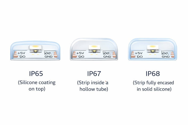 Image: Three cross-section diagrams of LED strips side-by-side. 1. IP65 (Silicone coating on top). 2. IP67 (Strip inside a hollow tube). 3. IP68 (Strip fully encased in solid silicone).