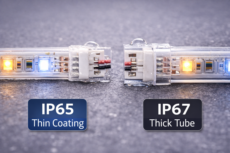 comparison of thin IP65 coating vs thick IP67 tube at connection