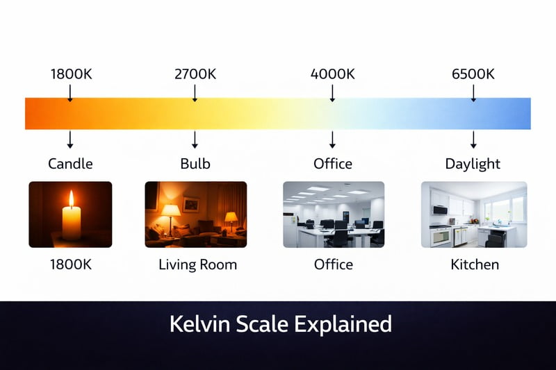 Chart: A horizontal Kelvin scale. 1800K (Candle), 2700K (Bulb), 4000K (Office), 6500K (Daylight). Arrows pointing to specific room types.