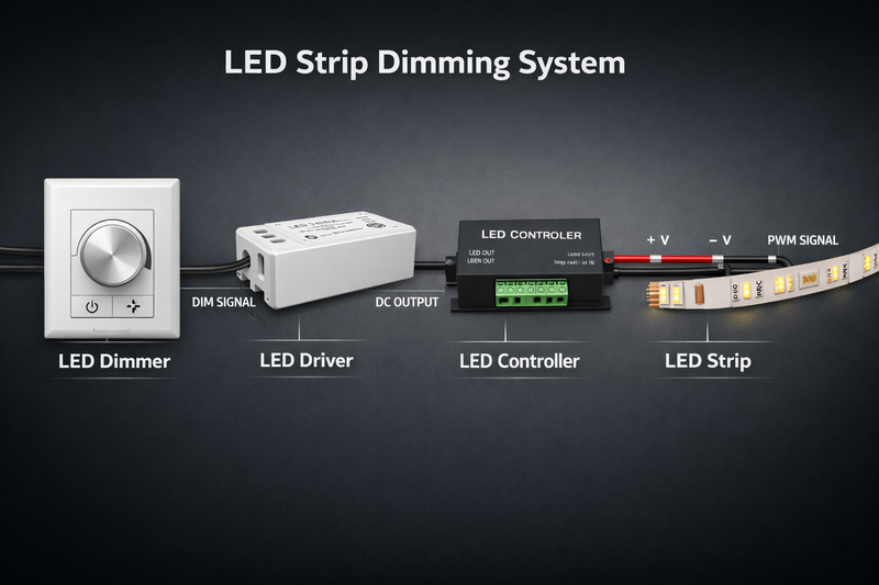 LED strip dimming system placeholder showing dimmer, driver, controller, and strip layout for a practical project setup
