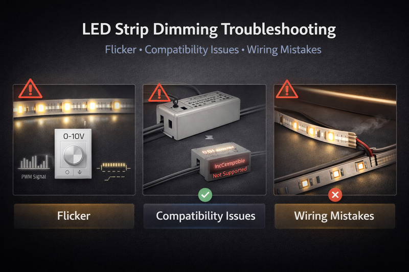 LED strip dimming troubleshooting placeholder showing flicker, compatibility issues, and wiring mistakes in a practical installation context