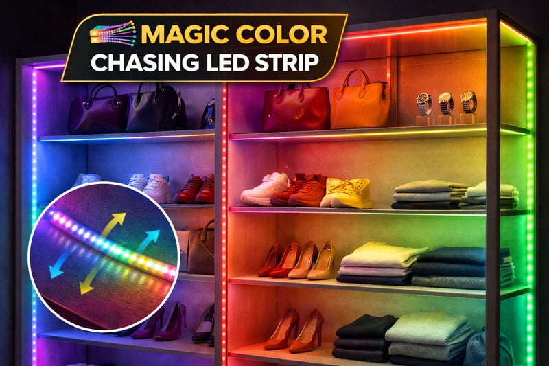 magic color chasing led strip retail display cabinet