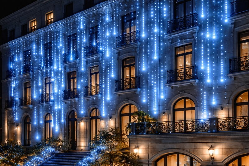 Image: A night shot of a building facade with a