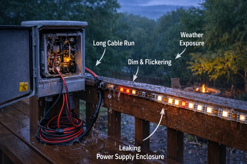 outdoor led strip installation with long cable run weather exposure and power supply enclosure challenges