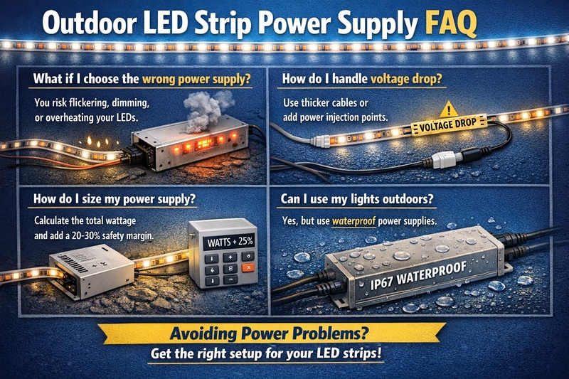 faq about outdoor led strip power supply mistakes sizing voltage drop and waterproof use