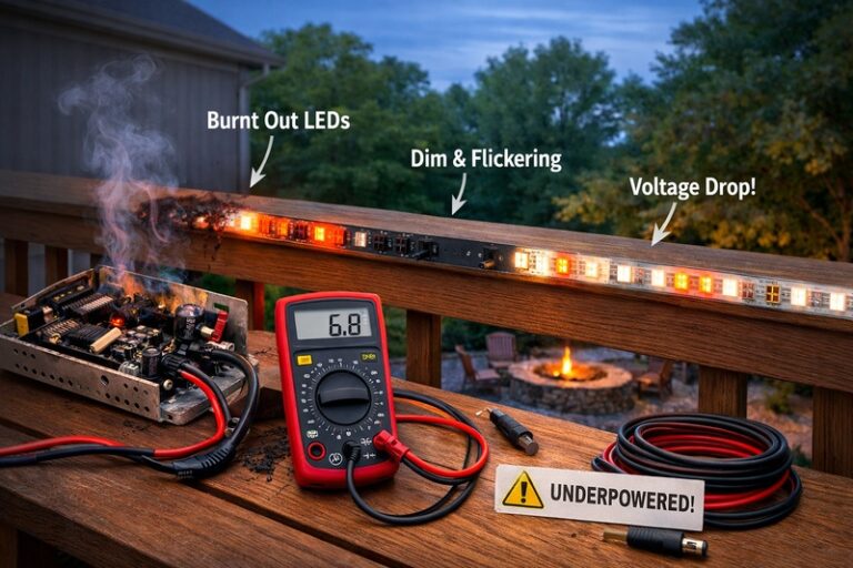 outdoor led strip project failure caused by wrong power supply sizing and voltage drop