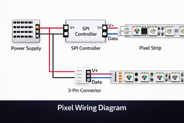 Diagram: Simple wiring diagram showing a Power Supply -> SPI Controller -> 3-Pin Connector -> Pixel Strip. Labels for "V+", "Data", "GND".