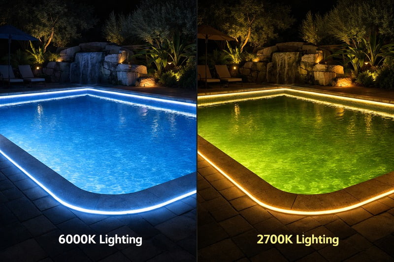 Photo: Side by side. A pool lit with 6000K (looks blue/clean) vs a pool lit with 2700K (looks green/algae-like).