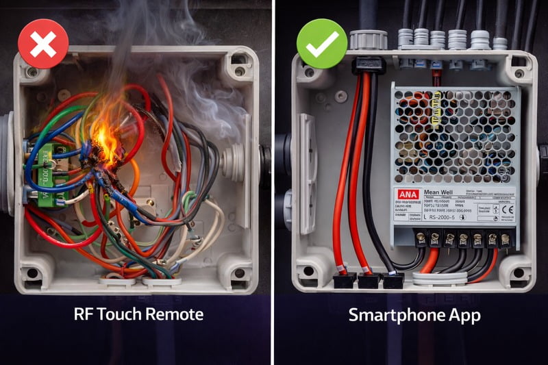 Photo: A messy junction box with thin wires melting vs a clean setup with thick cabling and a Meanwell power supply.