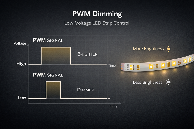 PWM dimming placeholder for low-voltage LED strip control and brightness adjustment by pulse width modulation