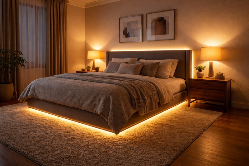 Photo: A bedroom with 3000K COB strip lighting under the bed frame and behind the headboard, creating a soft glow.