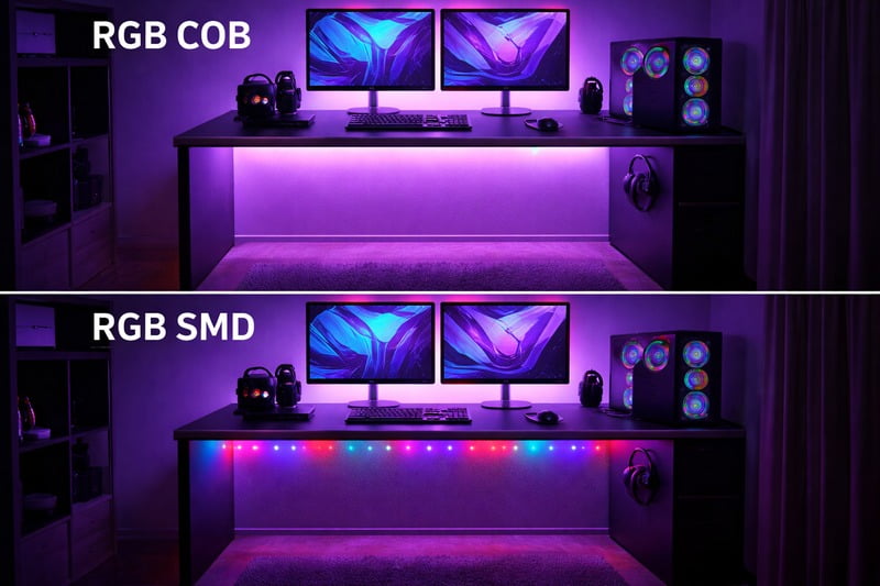 Image: A gaming room setup showing a seamless purple glow under a desk, compared to an old strip showing distinct red and blue dots.
