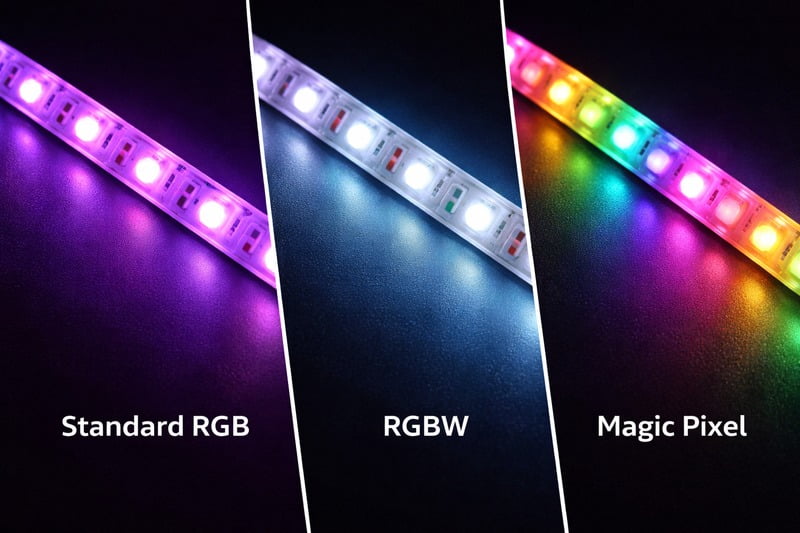 Image: Three different strips side-by-side. 1. Standard RGB (static purple). 2. RGBW (pastel blue). 3. Magic Pixel (rainbow snake effect).