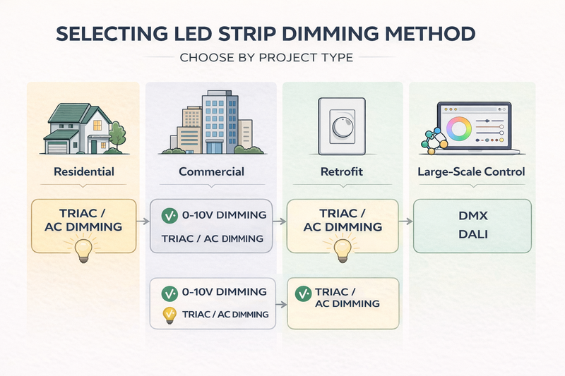 Comparison placeholder for selecting LED strip dimming methods by project type, including residential, commercial, retrofit, and large-scale control scenarios