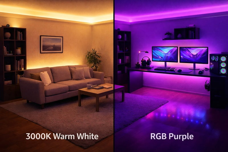 Comparison Image: Split screen. Left side shows a cozy living room with 3000K warm white cove lighting. Right side shows the same room with purple RGB lighting, looking like a gaming setup.