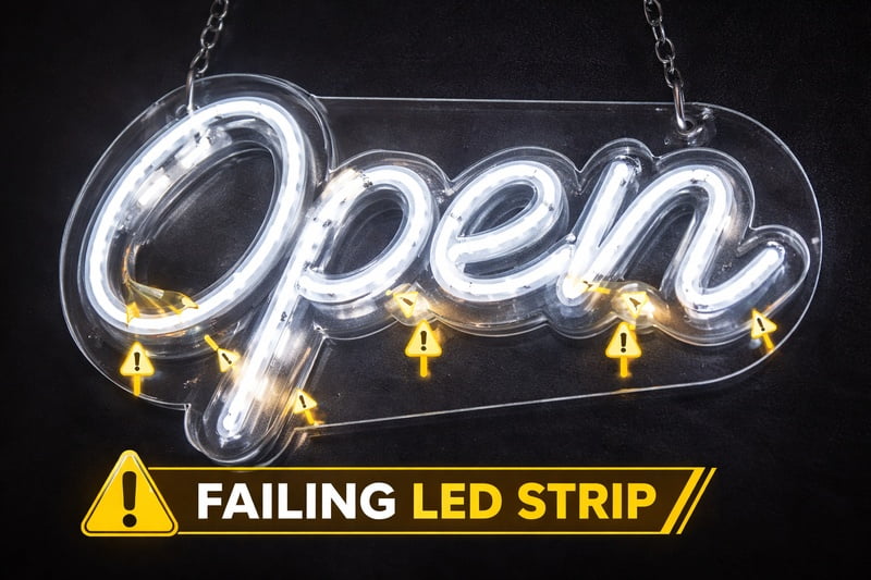 failing standard led strip in acrylic sign