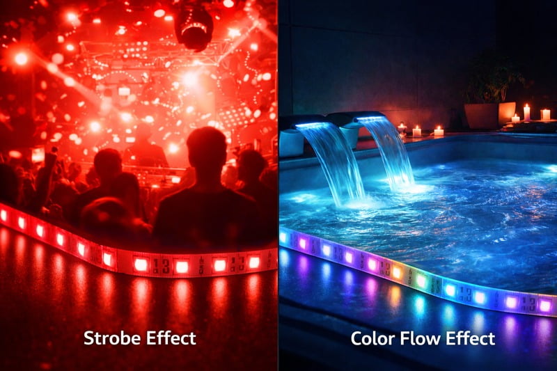 Image: Split screen. Left: A club with hard flashing red lights. Right: A spa with slow, blue water-flowing light effects.