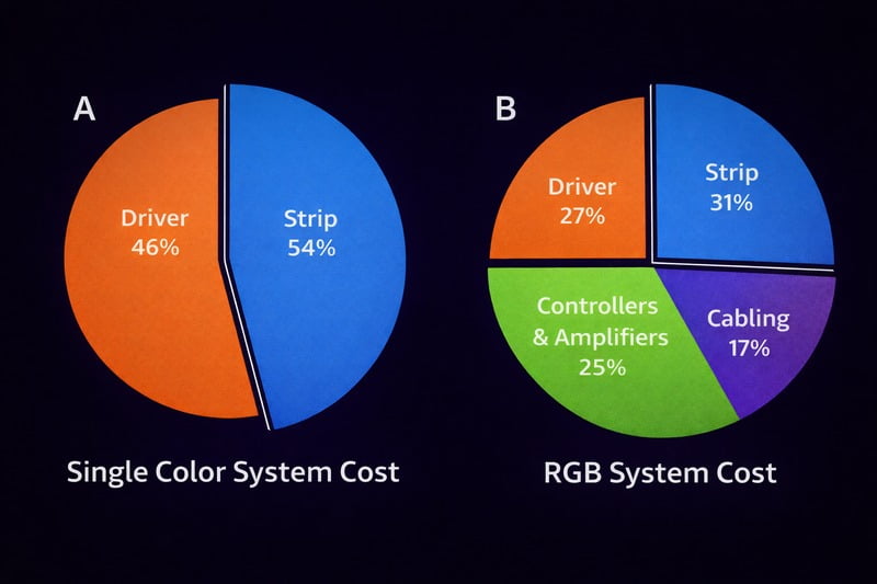 Pie Chart: Two charts. Chart A (Single Color System Cost) shows mostly Strip and Driver. Chart B (RGB System Cost) shows a large slice for Controllers, Amplifiers, and Cabling.