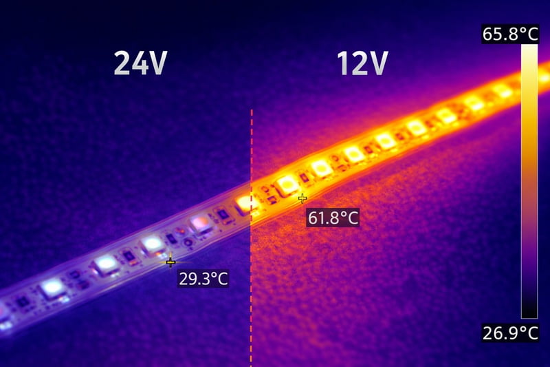 Thermal camera picture showing a cool 24V LED strip next to a very hot 12V LED strip