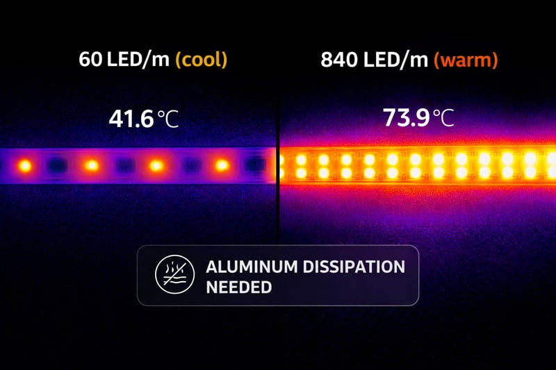 Thermal Image: A side-by-side thermal camera shot of a 60 LED/m strip (cool) vs an 840 LED/m strip (warm), highlighting the need for aluminum dissipation.