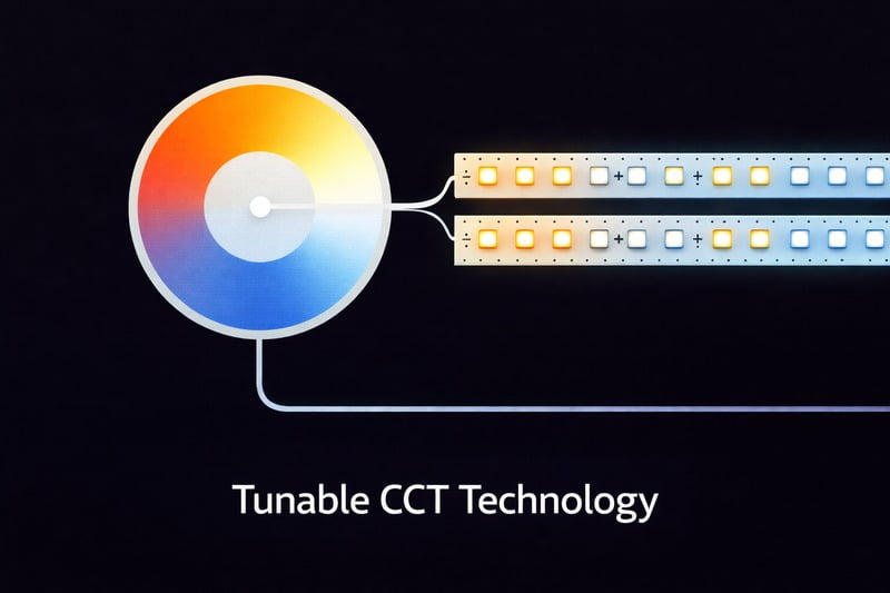 Diagram: A controller wheel showing a gradient from orange to blue, connected to a strip with two colors of LEDs.