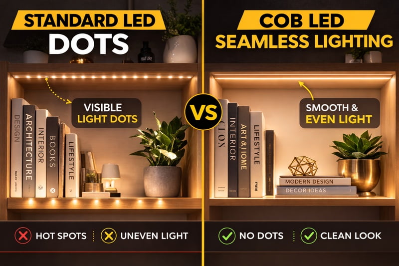 standard led dots vs cob seamless lighting bookshelf