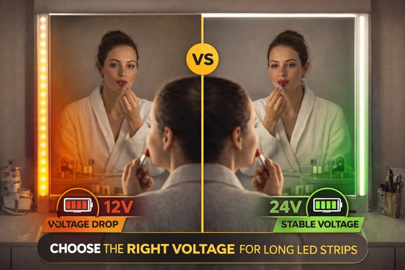 voltage drop visualization on long led strip mirror