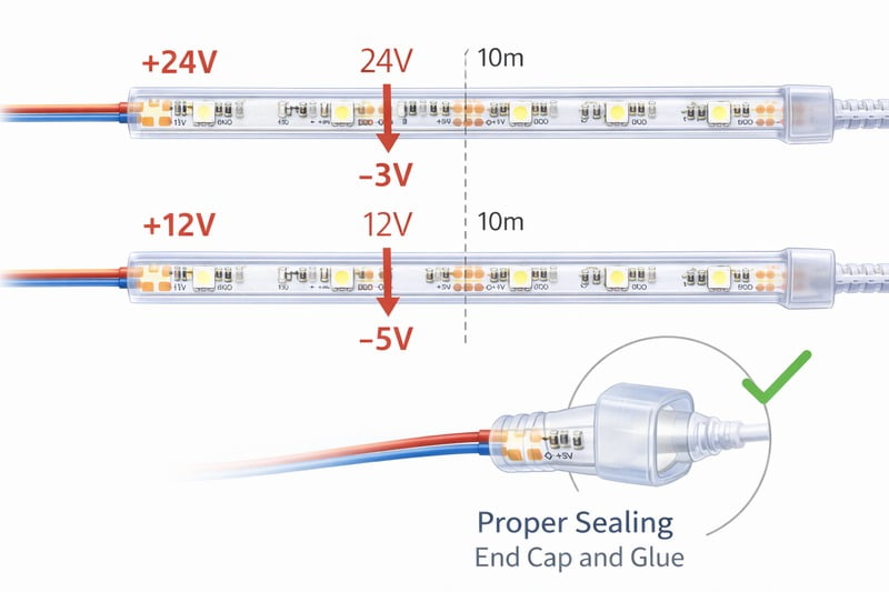 Image: Technical diagram showing 24V vs 12V voltage drop over 10 meters. Also showing the proper sealing method with an end cap and glue.