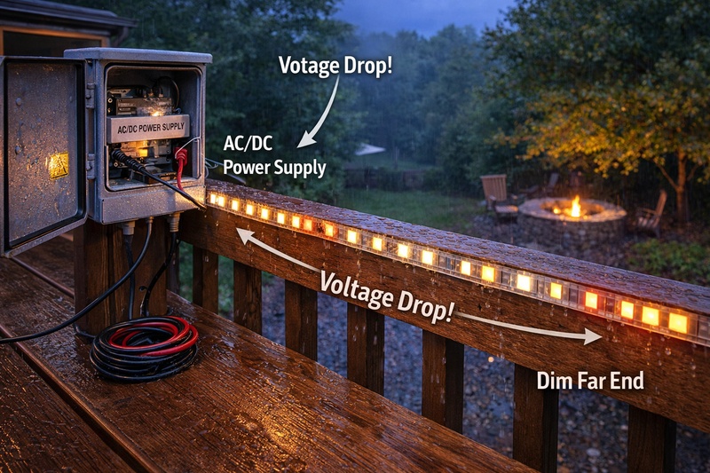 voltage drop causing dim far end on long outdoor led strip lighting installation