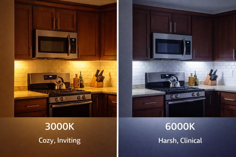 Comparison Image: A split photo of a kitchen. Left side is 3000K (cozy, inviting). Right side is 6000K (harsh, clinical). Highlighting the difference in atmosphere.
