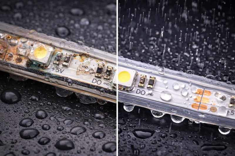 Image: A split view showing a corroded LED strip with water damage vs. a properly sealed functioning strip in the rain.